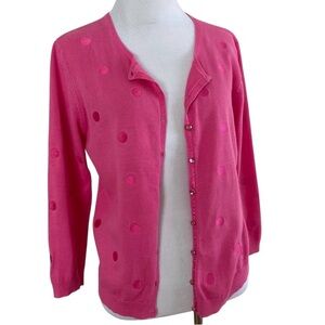 VINTAGE DEFINITE VIEW KNIT CARDIGAN SWEATER PINK 3/4 SLEEVE COTTON LARGE TWEE